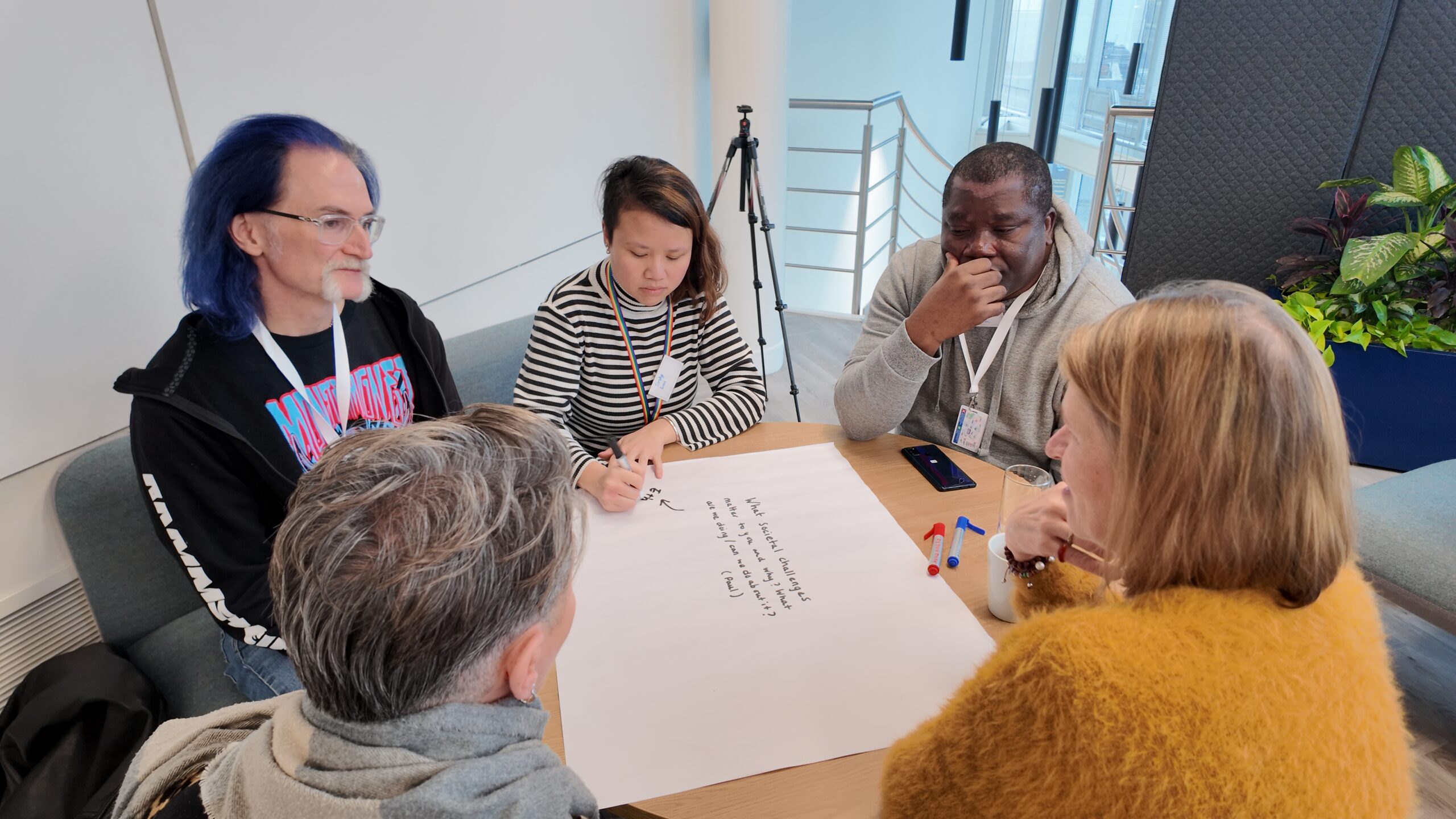 Group of people in a workshop sat around a table with a flip chart and pens